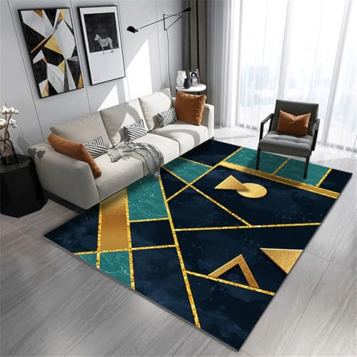 RUGMRZ Teppich Weihnachten 80X160Cm Für Bürostuhl 13 Blau Webteppich Kuschelecke Kinderzimmer Modernes Minimalistisches Geometrisches Wohnzimmer Mit Rutschfesten Goldlinien