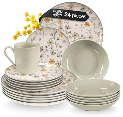 Moritz & Moritz PRIMAVERA - Vajilla de gres para 6 personas (24 piezas, diseño divertido, servicio de café fácil de limpiar con platos, cuencos y tazas), color blanco