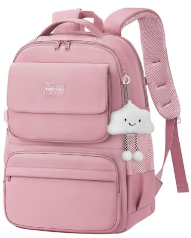 FIORETTO 25L School Bag for Girls & Teens, Womens Backpack Rucksack with Organized Pockets, Trolley Strap & Chest Buckle, Fits 15.6 Laptop, Ideal for School, Travel & Daily Use Pink