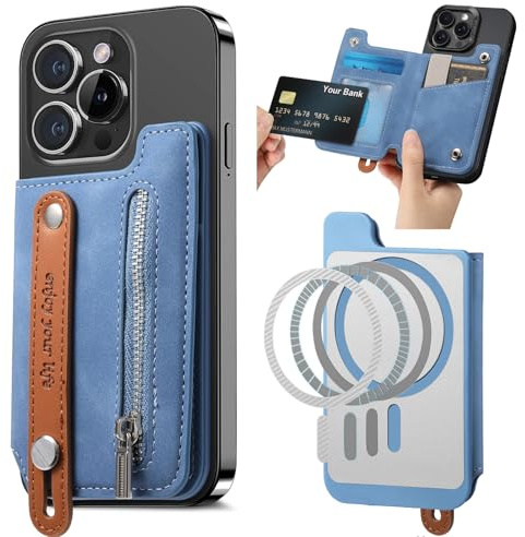 Ysnzaq Magnética Cartera Tarjetero Movil con Cremallera SDLW Azul | Antigolpes Antideslizante Wallet con Soporte, 5 Tarjetas, Billetera Magnético de Cuero iPhone 17/16/15/14/13/12