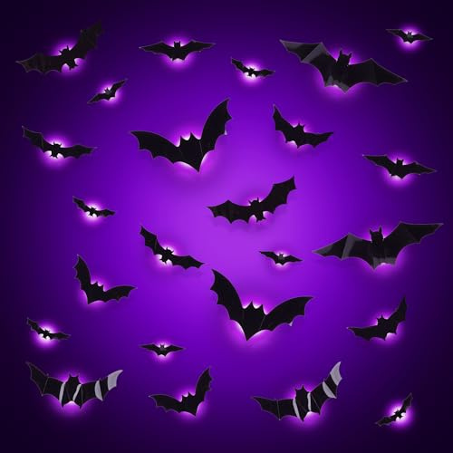 Halloween Deko,24 Stück 3D Fledermaus deko Mit LED,Deko halloween Outdoor Innen,Wandaufkleber Halloween Dekoration Set Für Garten Fenster, Tür (Lila)