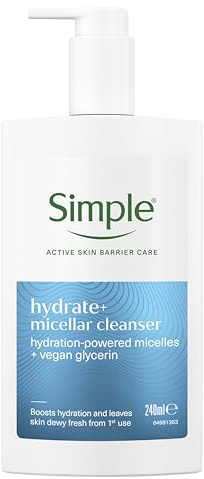 Simple Hydrate+ Micellar Facial Cleanser for a gently daily cleanse with micelles + vegan glycerin boosting hydration from the first use 240 ml