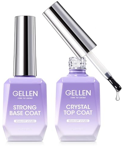 Gellen Gel Base and Top Coat,18ml*2 Crystal Top Coat Anti-scratch No Sanding Base Coat, Soak Off UV/LED Lamp Curing Clear Super Glossy Top Base Coat Gel Polish for Salon Home