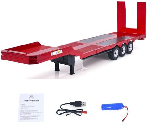 wheelfun Semirremolque de plástico plano 1502 para tractor de control remoto 1/18, camión Huina 1501, patas de soporte electrónico, tablero trasero, batería lipo, modelo de grado hobby para adultos