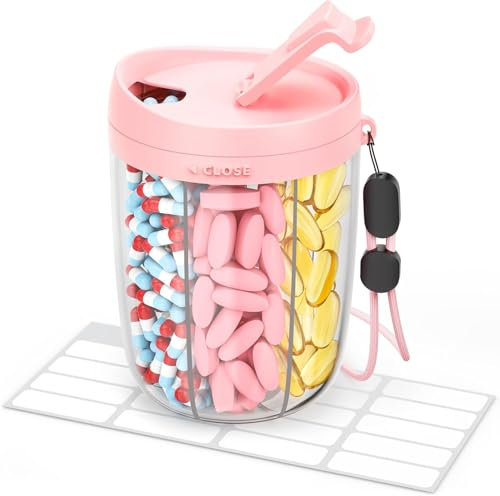AUVON Tablettenbox Morgens Mittags Abends, Rund Pillendose 6 Fächer mit Großen Separaten Fächern, tragbare Medikamentenbox für Vitamine, Fischöl, Medikamente, Rosa