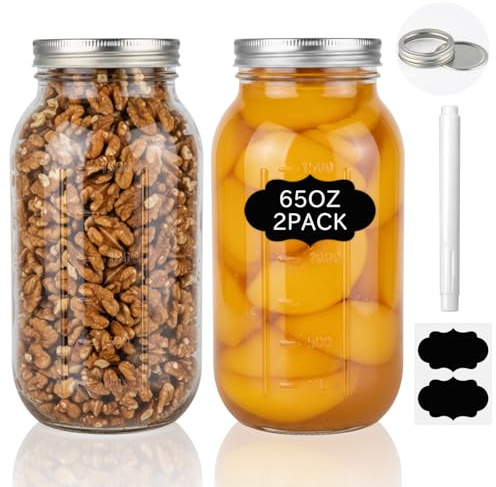 WERTIOO 2 Pack 2000 ml Mason Jars with Lids - Airtight Regular Mouth Glass Jars with Silver Metal Lid, Includes Sticker Labels and Marker Pen for Pickling, Jam, Honey, Overnight Oats, Food Storage