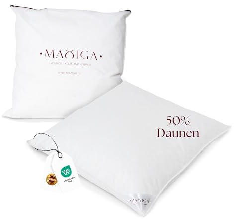 maxiga Daunenkissen 80x80 cm | 50% Gänsedaunen und 50% kleine Federn | Füllgewicht 2000g | Für Allergiker geeignet | Oeko-TEX-Zertifikat Klasse 1 | Atmungsaktiver, Baumwollbezug