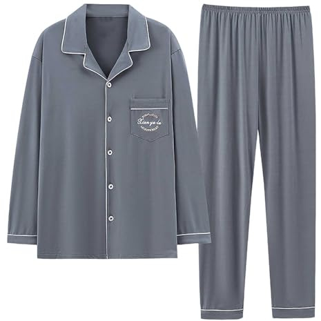 Generico Men Open Front Pyjamas Letter Print Pyjamas Linen Home Shirt,Comfort and Breathability Two Piece Art Set for Boys Straight Leg Tracksuit Pants