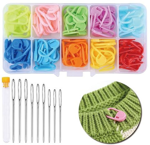 Ruvan 120 piezas de marcadores de punto para crochet, 9 agujas de coser con ojo grande, gancho de punto con caja de almacenamiento, para tejer, crochet o manualidades