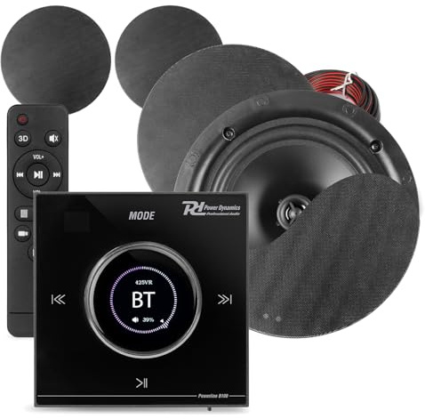 Power Dynamics Powerline B100B Bluetooth Ceiling Speaker System with 4x 5.25 NCSS5B Black Speakers, In-Wall LCD Amplifier, 10m Speaker Cable – Wireless Home Audio Kit for Multiroom & Kitchens