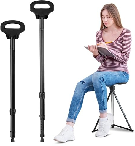 ALEVMOOM Walking Cane with Seat Folding Lightweight, 35-39 inches Adjustable Height Cane Stool for Adults, Aluminum Walking Stick with Seat, Capacity 330lb, with Cushion and Carry Bag-Black