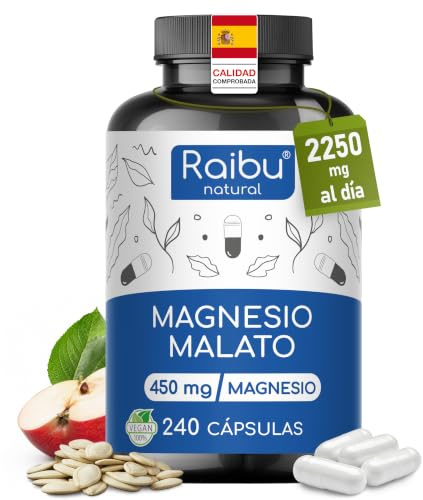Magnesio Malato 2250 mg al Día (450 mg de Magnesio Elemental) - 240 Cápsulas - Energía, Músculos y Sistema Nervioso - Alta Dosificación y Biodisponibilidad - Sin Aditivos, Sin Gluten
