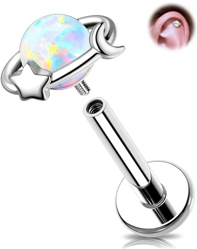 OUFER 16G Planet Helix Ring Innengewinde Helix Piercing Chirurgenstahl 316L mit Opal 8 mm Lippenpiercing Stecker Mond Stern Ohrpiercing Tragus Cartilage für Frauen
