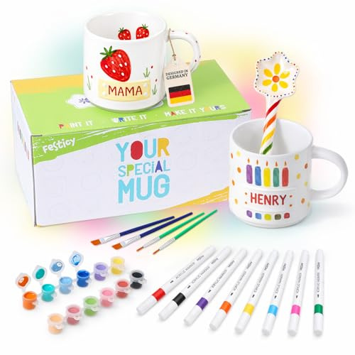 FESTICY Set per Dipingere Tazze in Ceramica I 2 Tazze da 200 ml con 12 Colori, 8 Pennarelli e 4 Pennelli I Kit Creativo Adulti e Bambina I Idee Regalo Fai da Te I Hobby Creativi per Casa
