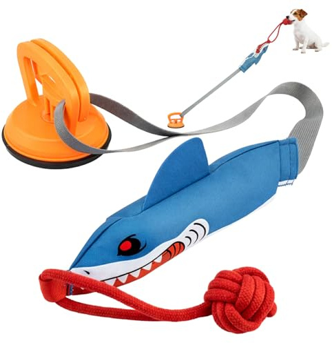 M.J COMFY-LIFE Tug of War Dog Toy with Suction Cup Interactive Shark Squeaky Rope Toy for Aggressive Chewers Durable Puppy Teething Toy for Boredom Relief Indoor Outdoor Hands-Free Play