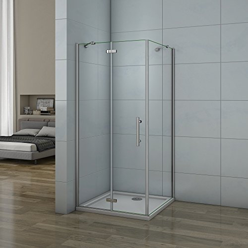 Box Doccia 80x80cm Angolare Porta Pieghevole Battente 180 Gradi Vetro Temperato Trasparente Anticalcare Due Barre Stabilizzatrice Angolo Alta195cm con Piatto Doccia 80x80x3cm