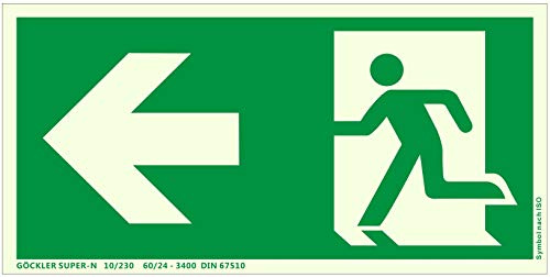 Hochwertiges Notausgangsschild stark langnachleuchtend + Aluminium selbstklebend nachleuchtend SUPER-N - Pfeil Links - Notausgang Schild grün – DIN 67510 / ISO 7010 (300 x 150 mm)