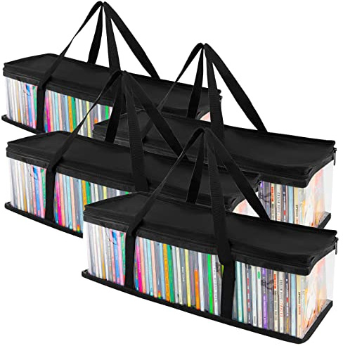 Stock Your Home CD Storage Bags (4 Pack) - Transparent PVC Media Storage - Water Resistant CD Holder Case with Handles - Clear Plastic Carrying Game Bag Storage for CDs, Albums, Video Games, Books