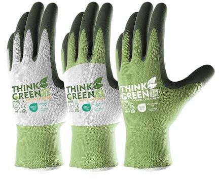COOLJOB Arbeitshandschuhe, 3 Paar Gartenhandschuhe Damen aus recyceltem Polyester, Arbeits-Handschuhe Herren mit Gummibeschichtung, grün, weiß & grau, Größe 8/M