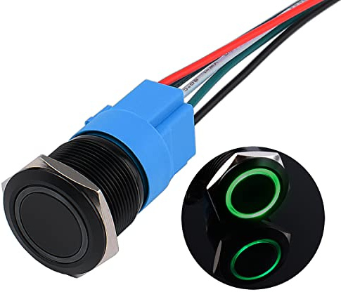 JIQI 22mm Momentane wasserdichte Druckschalter 12V bis 24V 5A EIN/AUS Taste Schalter mit LED Beleuchtung Schwarzes Metallgehäuse IP66 1NO1NC vorverdrahte Momentary Drucktaster für KFZ DIY Auto(Grün)
