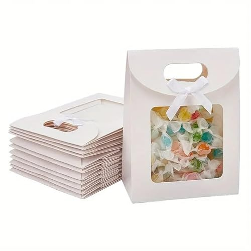 Emartbuy 24 x stabile Papiertüte zum Aufstellen, 26 x 19 x 9 cm, weiße Krafttüte mit transparentem Fenster und Schleife