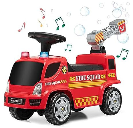 GOPLUS Rutschauto Feuerwehr mit Seifenblasenpistole, Feuerwehrauto mit Licht und Sound, Rutschauto mit Sirene & Musik für Jungen & Mädchen, Kinderfahrzeug für 18-36 Monate, Rot (Modell 2)