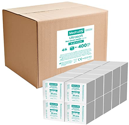 Medrull 5 x 5 cm Compresses Sterile Non-Woven (Pack of 800) 20 Boxes Ultra Soft 4-Ply - Packed 2 x 20 Paper Bags (40 Pieces) x 20 Boxes