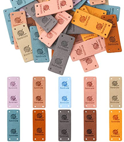 50 Pcs Faux Leather Label Handmade Tag Label Folding Handmade Tags Button Holes Embossed Tag Embellishment Knit DIY Jeans Bags Shoes Hat Crafts, Knitting and Crocheting