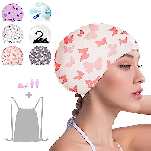Crazy Bean Gorro de Natación Mujer Silicona Gorro Piscina con Tapones de Oídos y Pinza Nasal Elásticos y Cómodo para Largo Cabello Corto Gorro de Baño(Mariposa-Rosa)