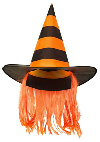 Amscan 9918062 Stripd Orange Witch Hat with Hair Halloween Karneval Fancy Dress Accessory