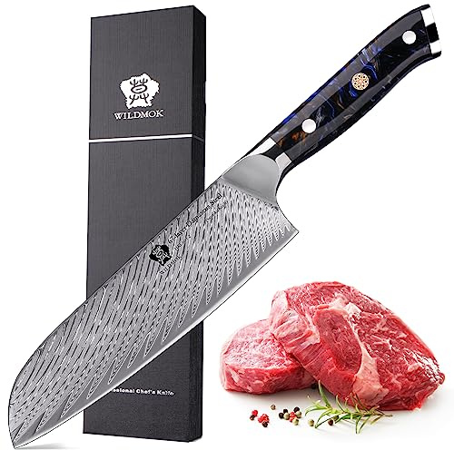 WILDMOK Kochmesser 17cm ultrascharfer japanischer VG10 Stahlkern, geschmiedete Damastklingen Küchenmesser, Damaststahl- und Harzgriff-Kochmesser, Hackmesser für Fleisch, Gemüse, Obst
