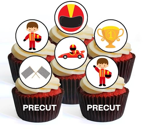 PRECUT Car Racing Edible Cupcake Toppers - Race Cars Theme #2 - wafer card disc cake decorations (Pack of 12)