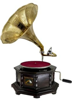 Grammofono con tromba in ottone HIS MASTER'S VOICE riproduzione ottagonale in legno artigianato Made in Italy