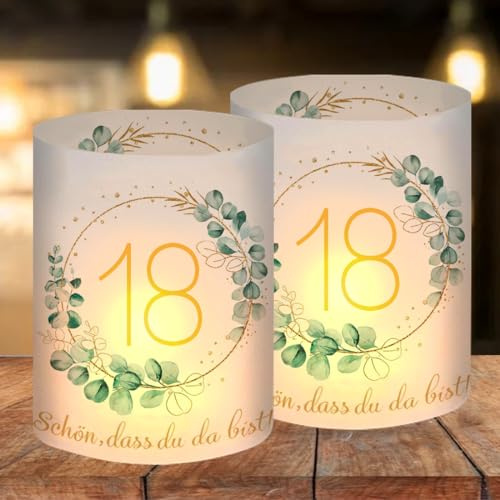 12 Windlicht Tischdeko 18 Geburtstag, Deko 18. Geburtstag Mädchen Junge, Happy 18th Birthday Windlicht Tischdeko, Geeignet für Teelichter oder Kerzen mit Schön DASS Du Da Bist und Eukalyptus