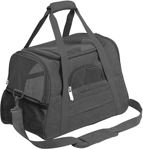 Treer Transporttasche für Haustiere, Transportbox für Hunde & Katzen, Faltbar Haustiertransportbox Einfache Leichte Reise Tragetasche Für Reisen im Flugzeug, Auto oder Zug (52x25x35CM,Schwarz)