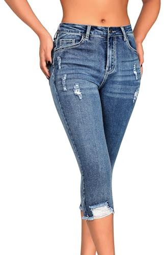 roswear Women's Capri Pants Mid Rise Skinny Ripped Stretchy Cropped Distressed Jeans Light Blue Large