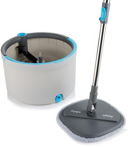 Minky Opti-Clean Spin Mop, 360° Spin & Rinse & Wringing System, Reusable Powerful Microfibre Velcro Pad, Dual Cavity 2L Bucket with Sturdy Handle, Light Grey Bucket with Dark Grey Trim & Blue Accents
