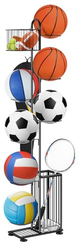 Smusei Soporte de bolas de metal, 7 niveles, soporte vertical para bolas con cestas y ganchos, sala y exterior, equipo deportivo, organizador para baloncesto, fútbol, voleibol