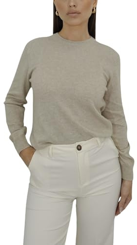 Win's Kashmir tröja med rund hals för kvinnor, tillverkad i Italien, Beige (5042), S