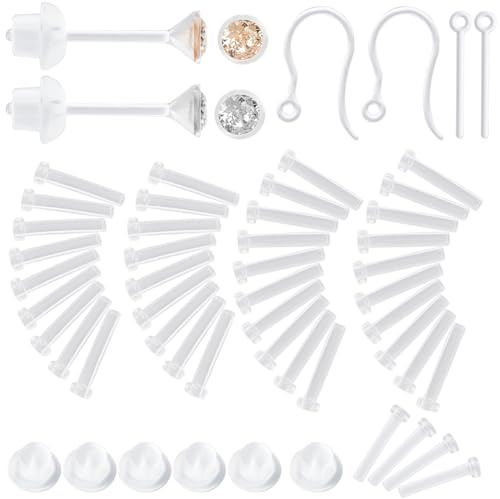 Beebeecraft 1 Box 4 Pairs Clear Post Earrings Cubic Zirconia Resin Plastic Invisible Soft Allergy Sleeve Replacements Ear Nuts Backs Hooks Earring Studs Posts Kit for Sensitive Ears Findings