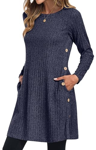 GRECERELLE Womens Winter Jumper Dresses for Women UK Ladies Dresses Tunic Knitted Long Sleeve with Pockets Side Buttons Dress