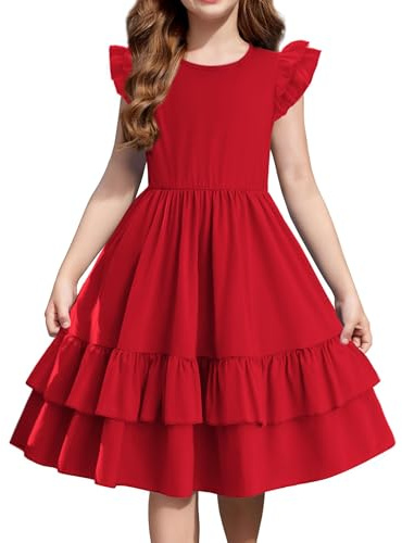 Arshiner Niñas Vestidos Mangas Mariposa Niños Verano Festivo Algodón Vestido Casual Swing Elegantes Vestidos Elegantes Cuello Redondo Vestidos para Niñas 9-10 Años Rojo