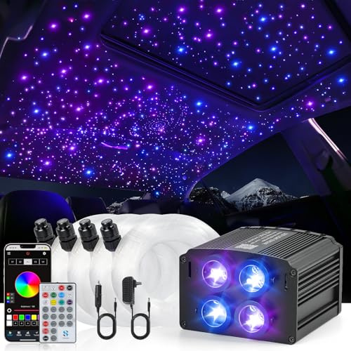 4 Colors 32W Twinkle Starlight Headliner Kit for Car Home with APP&RF Remote, RGBW 460pcs*0.03in*9.8ft Cables Fiber Optic Star Sky Roof Lights,4 Port Engine Sound Activated Ceiling Star Lights for Car