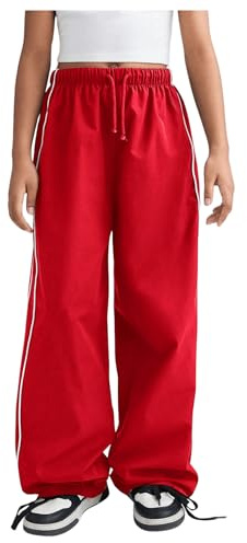 RoseSeek Girl's Wide Leg High Waist Sweatpants Side Striped Extra Long Baggy Track Pants Trousers Red 11Y