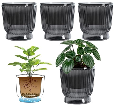 ACESOME 4 pièces Pot d’auto-arrosage avec corde de coton et réservoir d’eau profond, pot de fleurs pour herbes aromatiques avec système d’irrigation, pot de fleurs pour plantes d’intérieur (Gris, 16,5