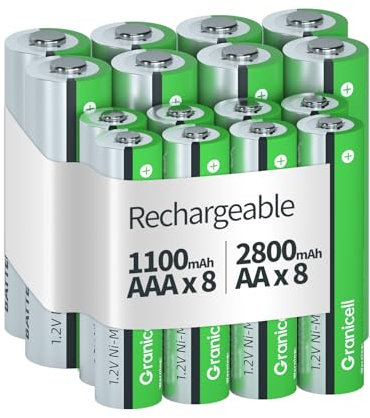 Granicell 8 x AA AAA Rechargeable Batteries, 4 x AA 2800mAh High-Capacity and 4 x AAA 1100mAh High-Capacity, 1.2V Ni-MH Battery, Rechargeable Up to 1300 Times