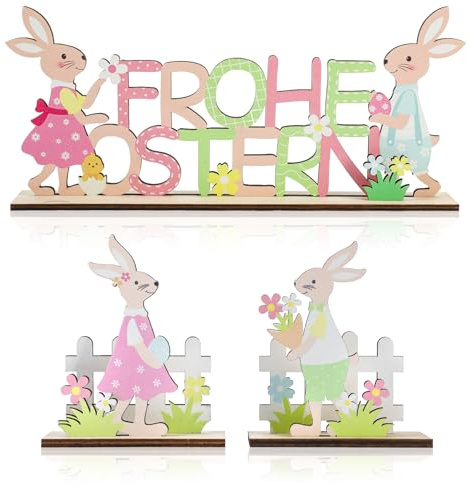 3 Stück Osterhase Deko aus Holz,Osterdeko Hase,Deko Aufsteller für Ostern,Frohe Osterhase Holz Deko Aufsteller mit Schriftzug Ostern für Osterdeko Frühling Garten