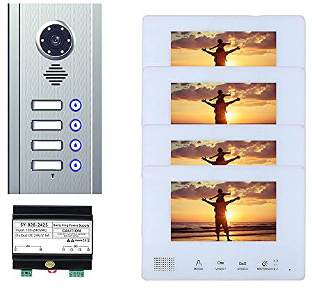 7 Inch Bus 2 Wire Video Door Phone Intercom Systems Kit for Home 4 Units Apartment Night Vision