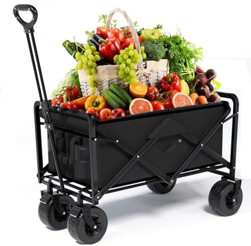 GWFBLID Chariot à 4 roulettes avec Poche Latérale Grande Capacité 120/180L Chariot de Plage Pliable Tout Terrain avec Poignée Réglable Chariot de Transport Pliable pour Jardin Pique-Nique Shopping