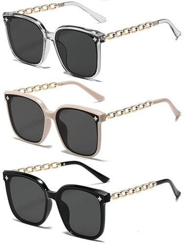 dinghaole 3 Paar Quadratische Sonnenbrille Frauen, Klassisch Vintage Rechteckige Übergröße Sonnenbrille Reisen Party Accessoires, Vintage Trendy Classic UV400, für Strandurlaub, Fahren, Einkaufen